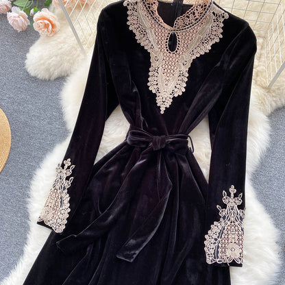Black Velvet Lace Long Sleeve Dress Fashion Dress  10846