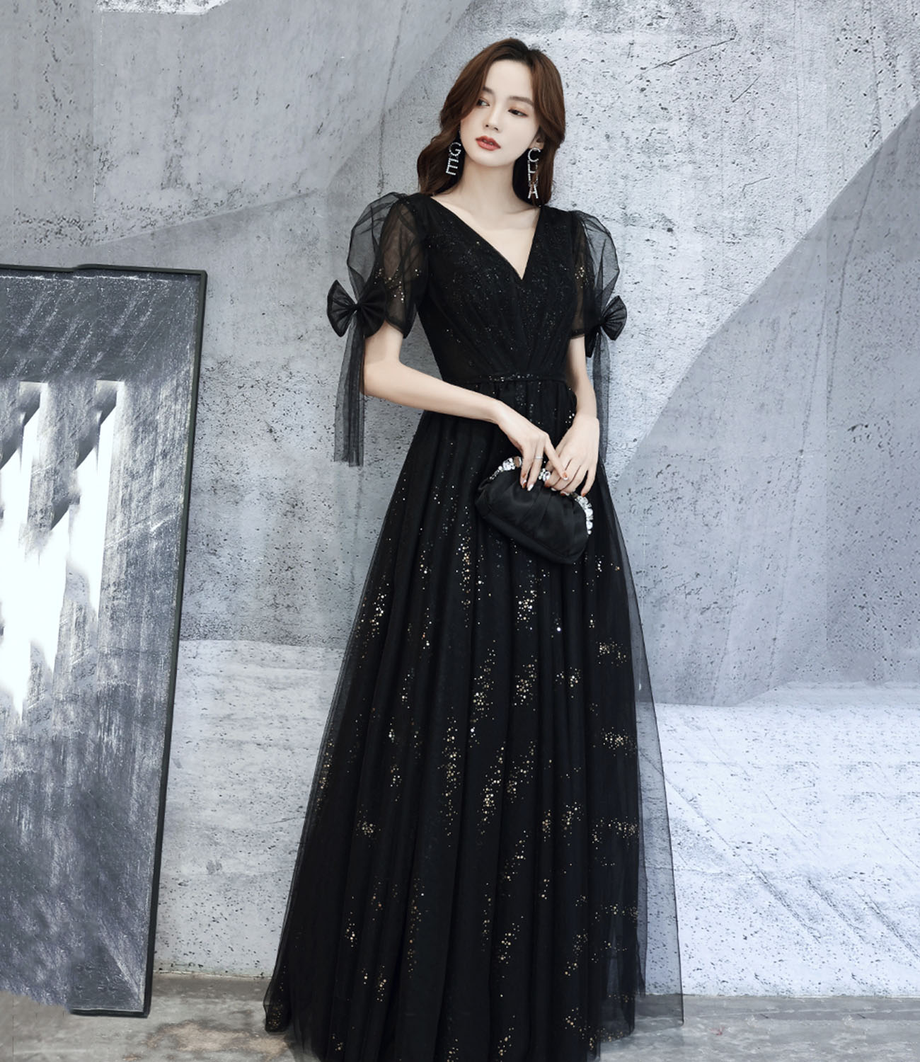 Black v neck tulle long prom dress A line evening dress  10318