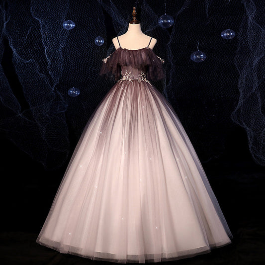 Brown Delicate Floral Applique Fashion A-Line Long Tulle Ball Gown Evening Dress 8721