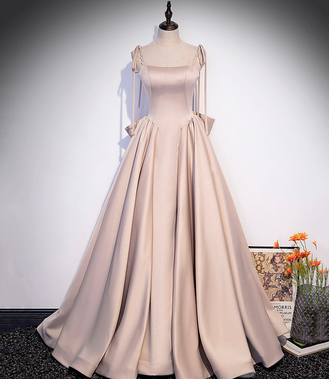 Cute satin long A line prom dress with bow  10404