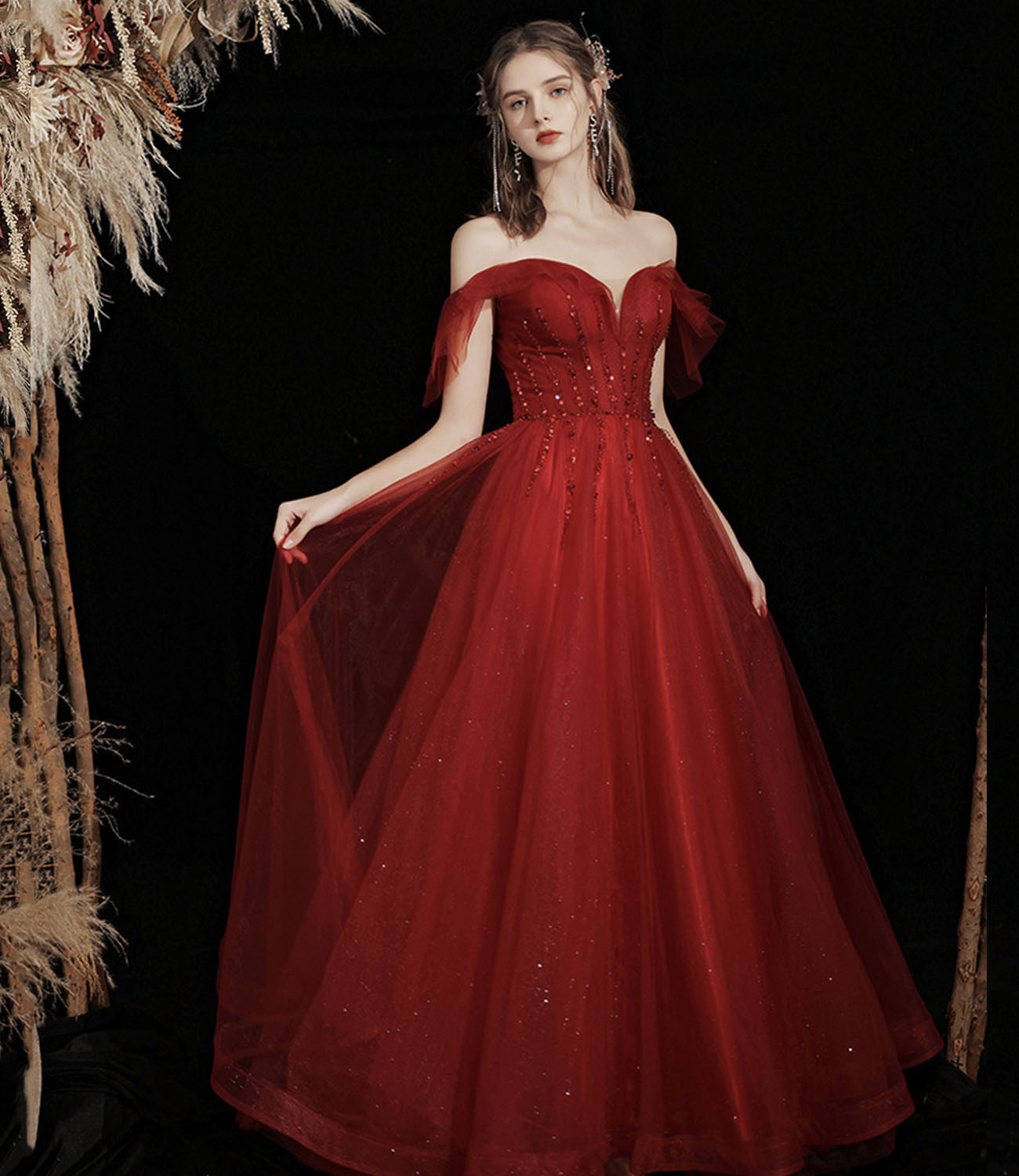 Burgundy tulle beads long prom dress A line evening gown  10428