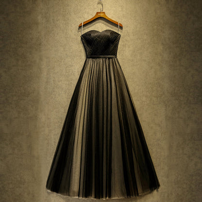 Black sweetheart neck tulle long prom dress, black evening dress  7926