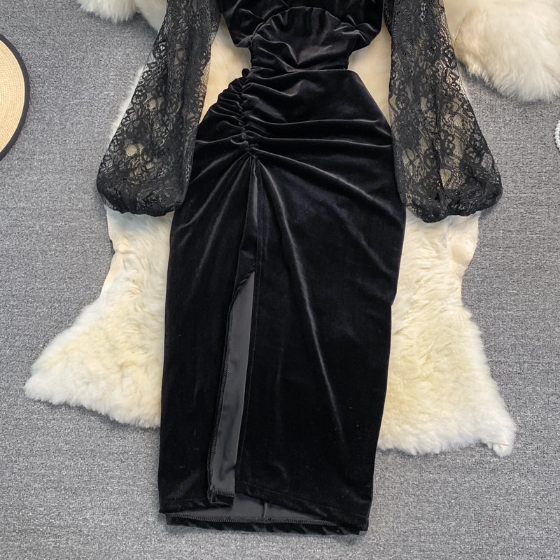 Black V Neck Velvet Dress Long Sleeve Dress  10925