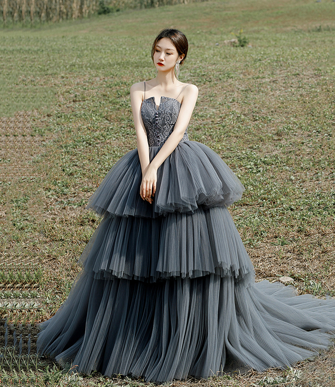 Gray tulle lace long ball gown dress formal dress  10306