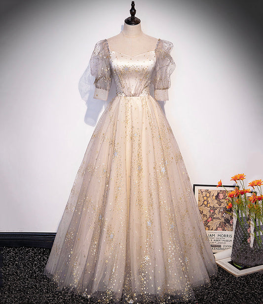 Champagne tulle sequins long prom dress A line evening gown  10327