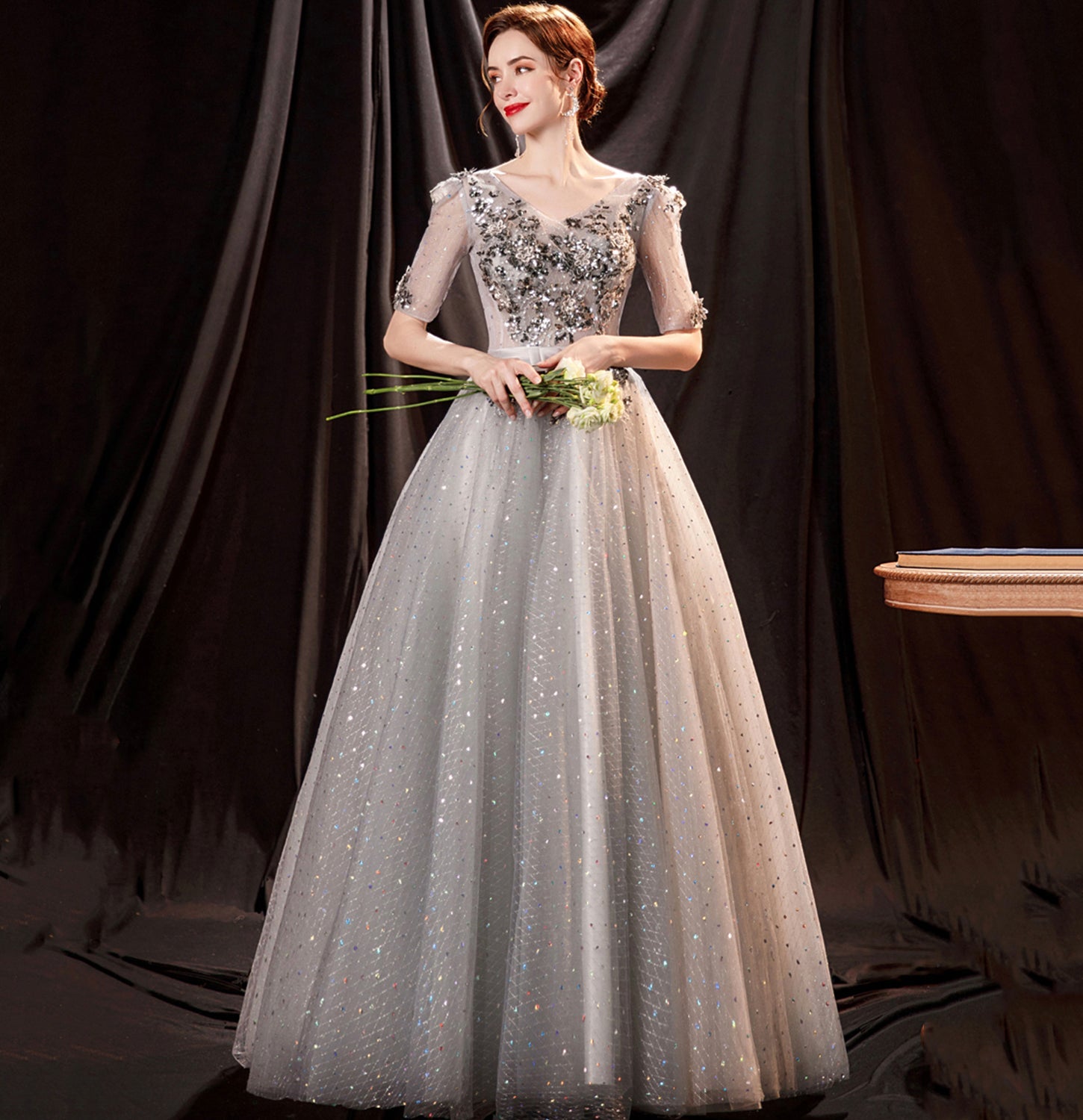 Gray tulle sequins long ball gown dress formal dress  10147