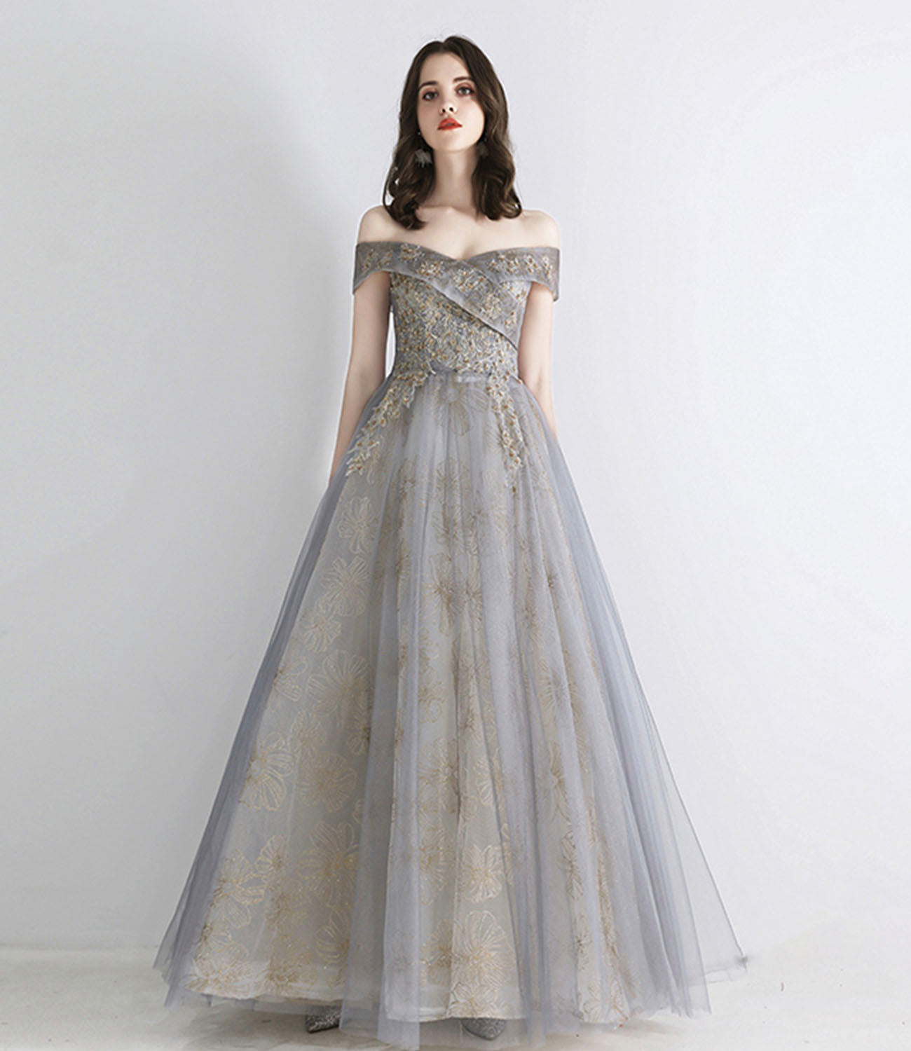 Gray tulle sequins long prom dress evening dress  10639