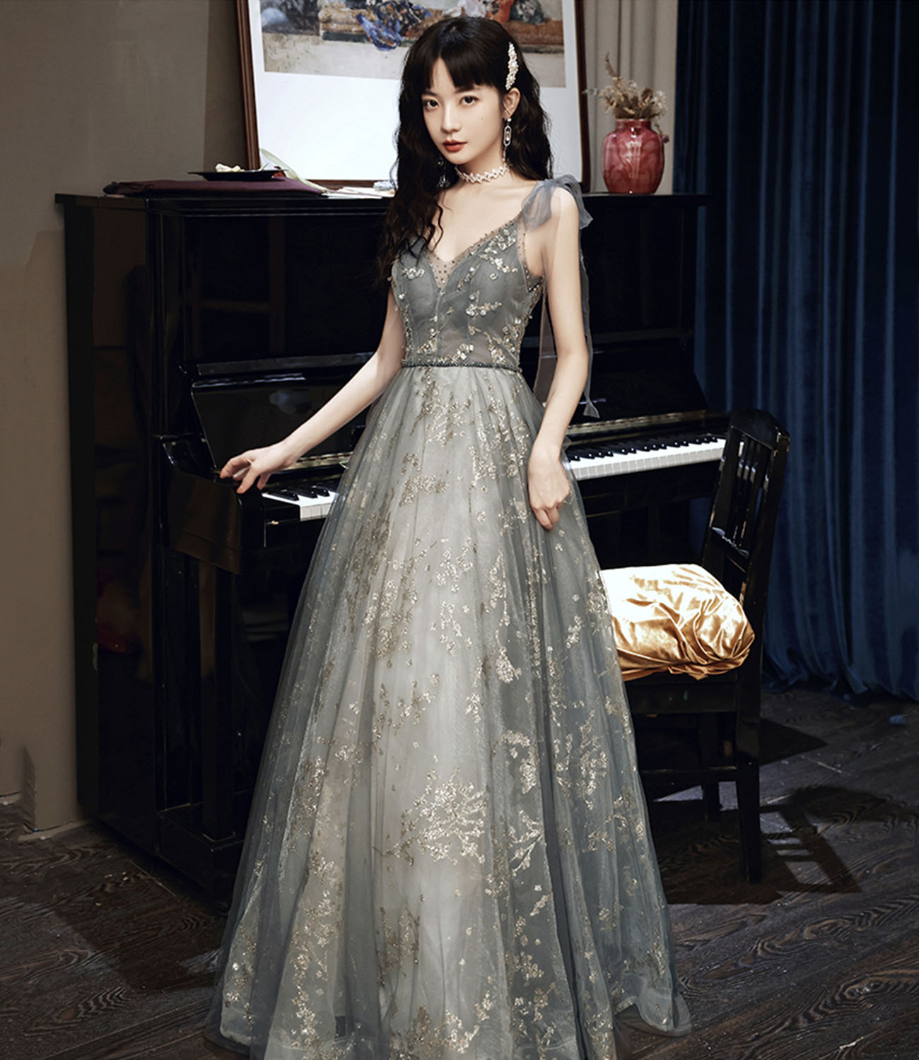 Gray tulle sequins A line prom dress gray evening dress  10433
