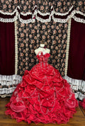 Vintage Red Sweetheart Sequin Strapless A-line 3D Flower  Prom Dress Evening Gown TP3786