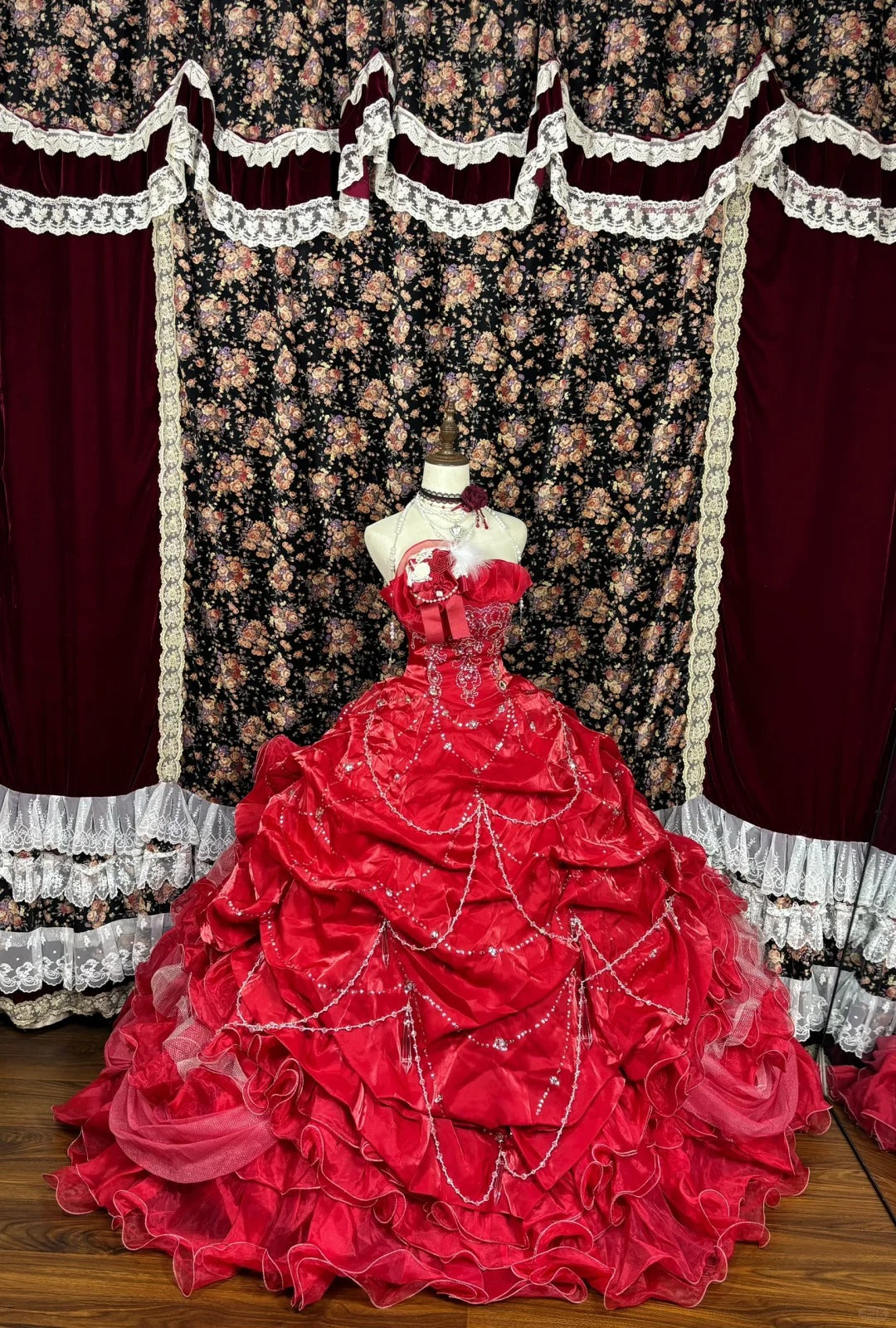 Vintage Red Sweetheart Sequin Strapless A-line 3D Flower  Prom Dress Evening Gown TP3786