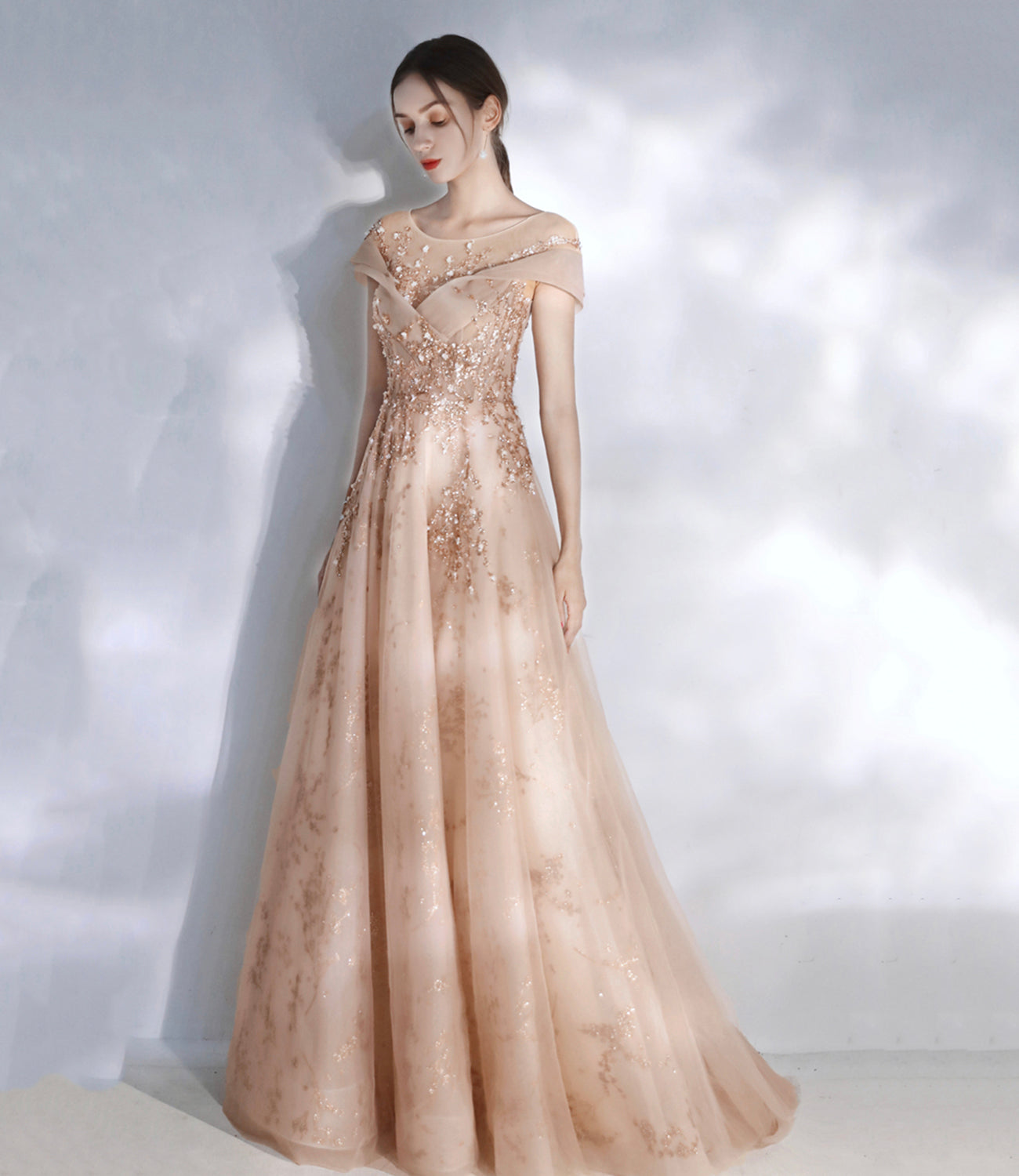 Stylish tulle sequins long prom dress evening dresses  10469