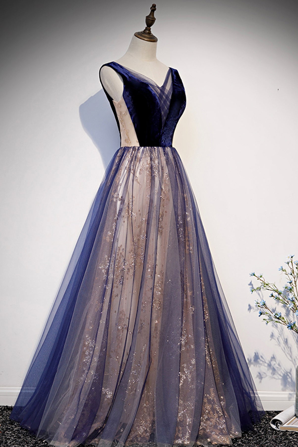 Blue v neck tulle long A line prom dress formal dress  8636