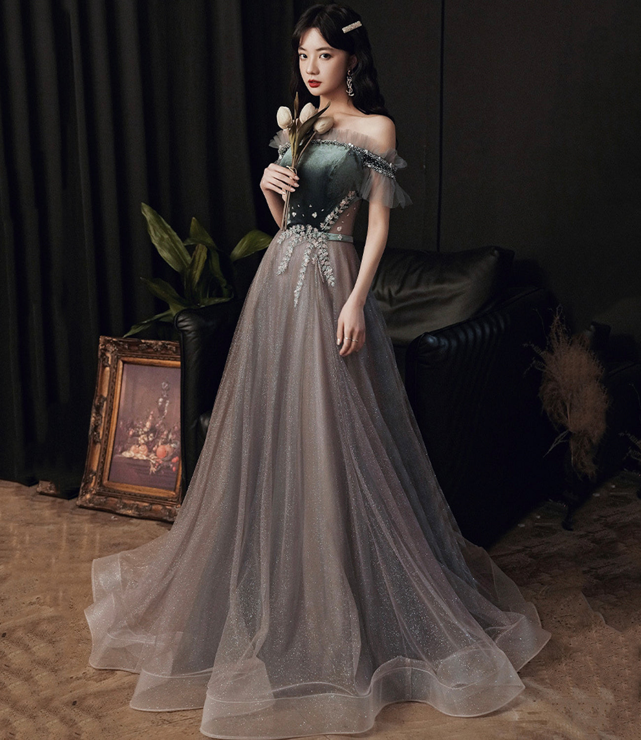 Cute tulle long prom dress A line evening dress  10345