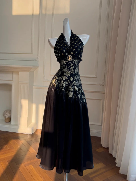 Black/White Vintage Long Satin Prom Dress Birthday Party Dress Evening Dress gh4410