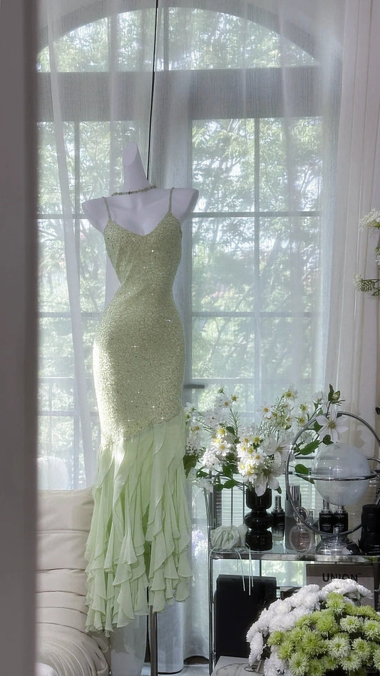Green shiny ruffle long sequined ball gown evening dress party dress gh4319