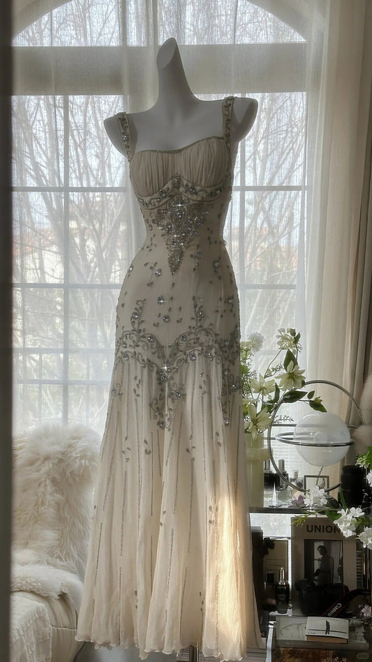Ivory Vintage Elegant Shiny Exquisite Rhinestone Beading Long Chiffon Ball Gown Evening Dress Birthday Party Dress Prom Dress Graduation Dress gh3945