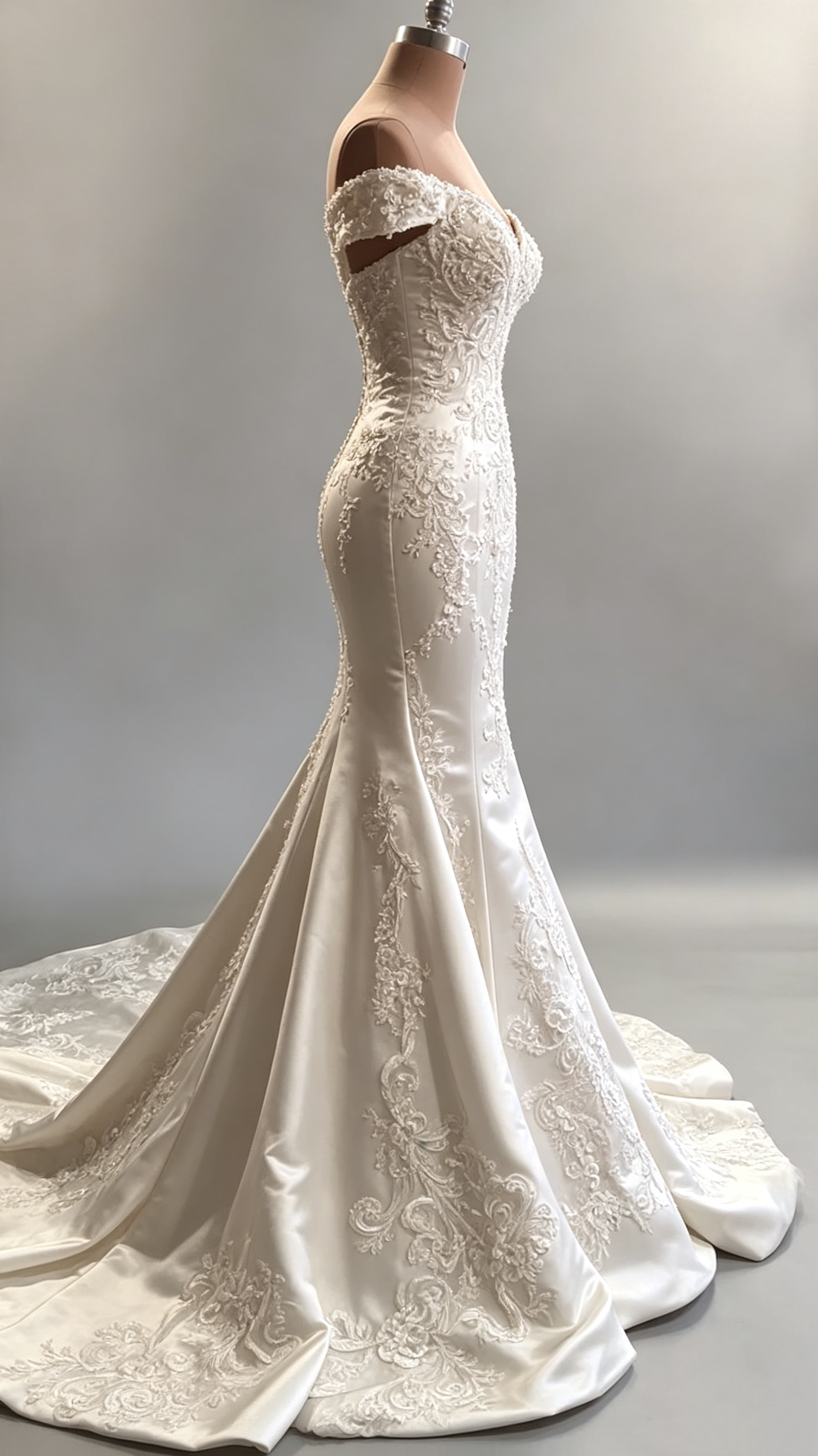 Classic Ivory Off-the-Shoulder Beaded Satin Applique Mermaid Wedding Dress TP5919