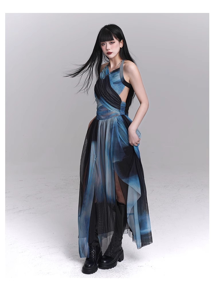 New Fashion Party Blue Chiffon Halter Dress TP2957