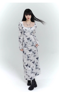 New Fashion Butterfly Pattern Design Sense White Long-sleeved Dress TP2929