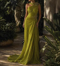 Vintage Olive Green One-Shoulder Ruched Chiffon Mermaid Beaded Floral Appliques Long Train Evening Gown TP5897