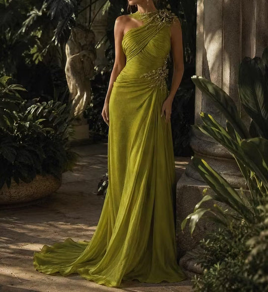 Vintage Olive Green One-Shoulder Ruched Chiffon Mermaid Beaded Floral Appliques Long Train Evening Gown TP5897