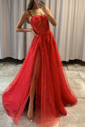 Red Spaghetti Strap Lace Long Prom Dresses,A-Line Evening Dress with Slit