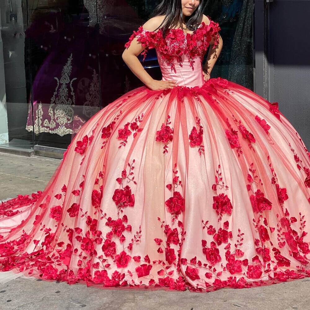 Red gorgeous exquisite sweet floral applique long tulle ball gown evening gown wedding dress gh3345