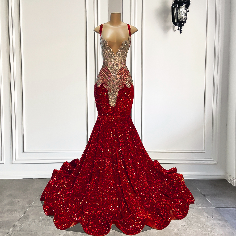 Gorgeous Mermaid Sparkly Prom Party Burgundy Sequin Black Girls Formal Gowns