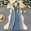 New Design Interesting Printed Literary Retro Denim Suspenders Loose Dress TP2832