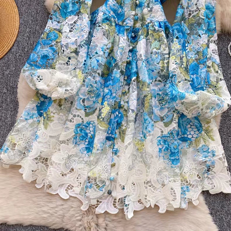 Palace Style Printed Lantern Sleeve V-neck Hollow Hook Embroidery Light Luxury Temperament A-line Dress TP2841
