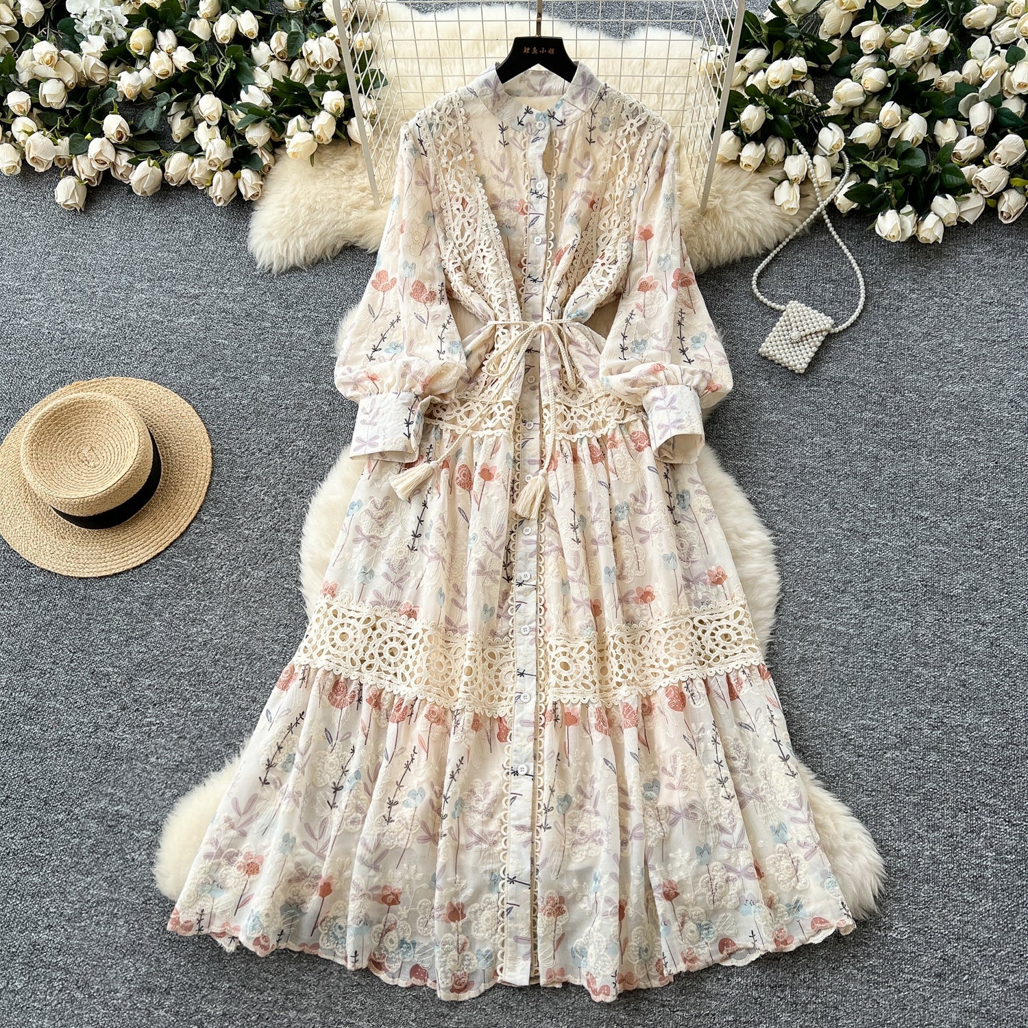 High-grade Lace Patchwork High-waisted Printed Embroidery Dress TP2842