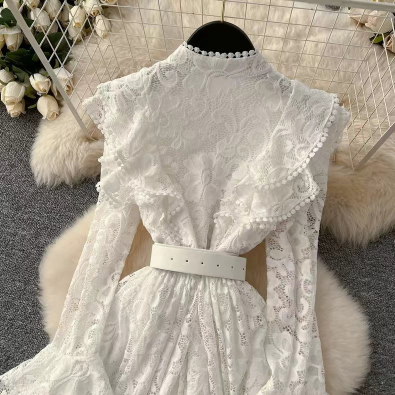 New Vintage Cuff Design Single-breasted High-waisted Lace Embroidery Dress TP2844
