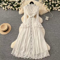 New Vintage Cuff Design Single-breasted High-waisted Lace Embroidery Dress TP2844