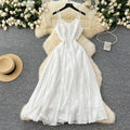 Fashion French High Sense V-neck High Waist Slimming Embroidery White Spaghetti Strap Dress TP2846