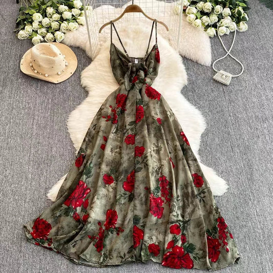 New Women Simple Fashion Spaghetti Strap High Waist Floral Dress TP2852