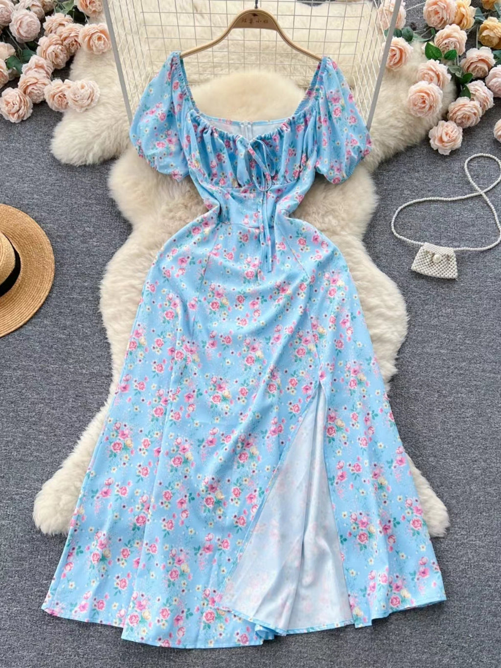Vintage Simple Square Collar Puffed Sleeves Floral Dress TP2856
