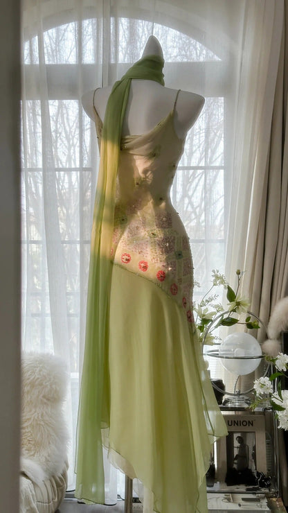 Green Elegant Romantic Delicate Floral Beading Spaghetti Strap Long Chiffon Homecoming Ball Gown Evening Dress Birthday/Wedding Guest/Holiday Party Dress Prom Dress gh4024