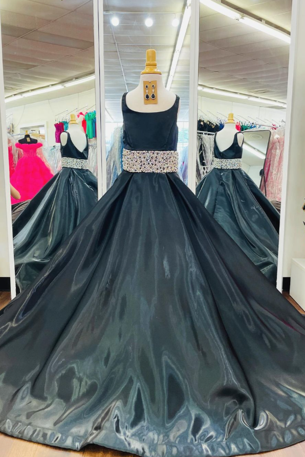 Satin A-Line Square Sleeveless Beaeded Empire Girl Pageant Dress