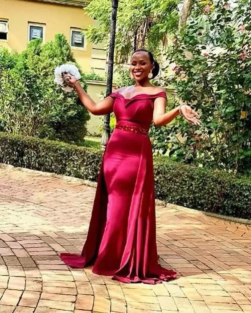 Burgundy Long Wedding Party Dress African Prom Gown with Detachable Train