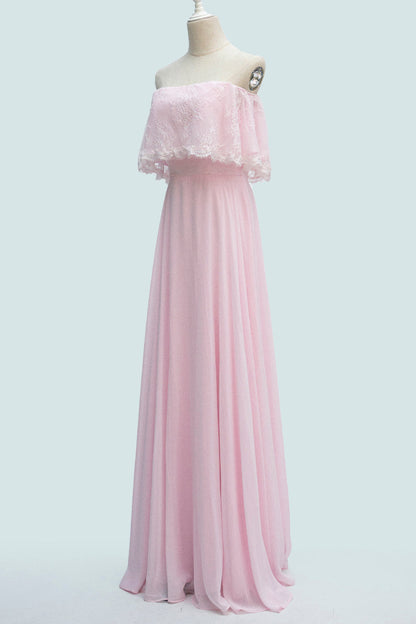 Candy Pink A-line Strapless Chiffon Ruffle Applique Long Bridesmaid Dress