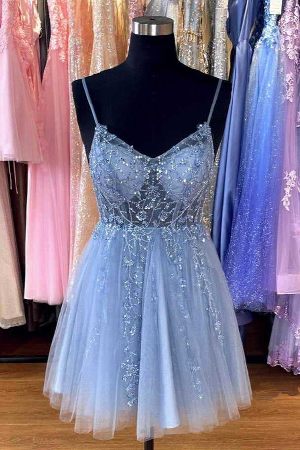 Blue Sweetheart A-line Straps Tulle Homecoming Dress