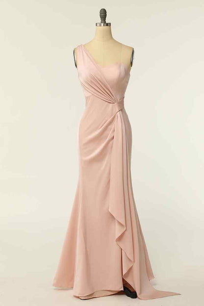 Champagne Mermaid One Shoulder Chiffon Pleated Long Bridesmaid Dress