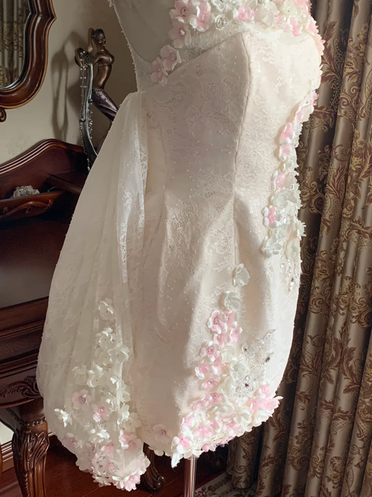 White Spaghetti Strap Puffy Bud Skirt Prom Dress, Birthday Gown gh7252
