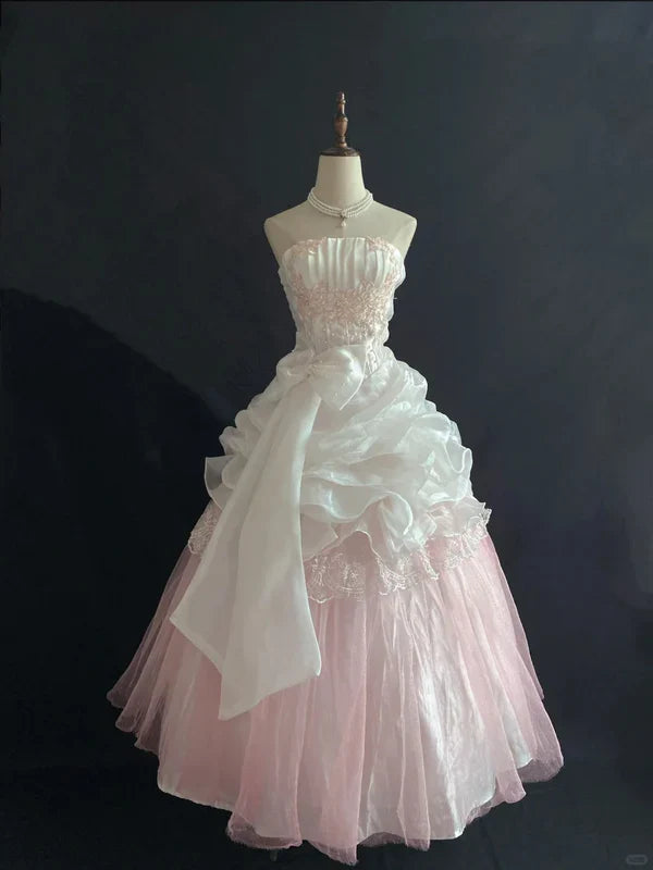 Vintage Pink Strapless Chiffon Sweet 16 Quinceanera A-Line Ruffles Ball Gown TP4271