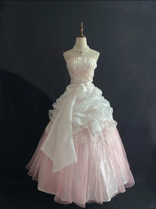 Vintage Pink Strapless Chiffon Sweet 16 Quinceanera A-Line Ruffles Ball Gown TP4271