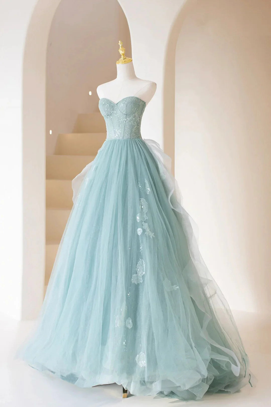 Green Lace Tulle A-Line Long Formal Dress, Green Strapless Evening Dress gh2581