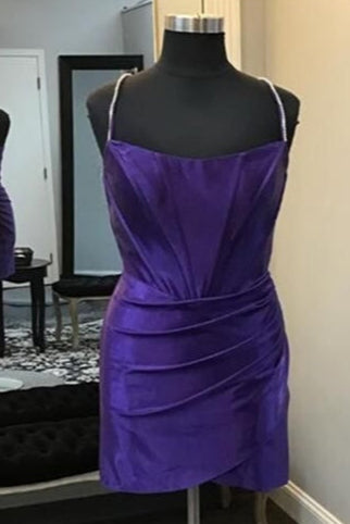 Bateau Straps Fitted Short Pleated Homecoming Dress