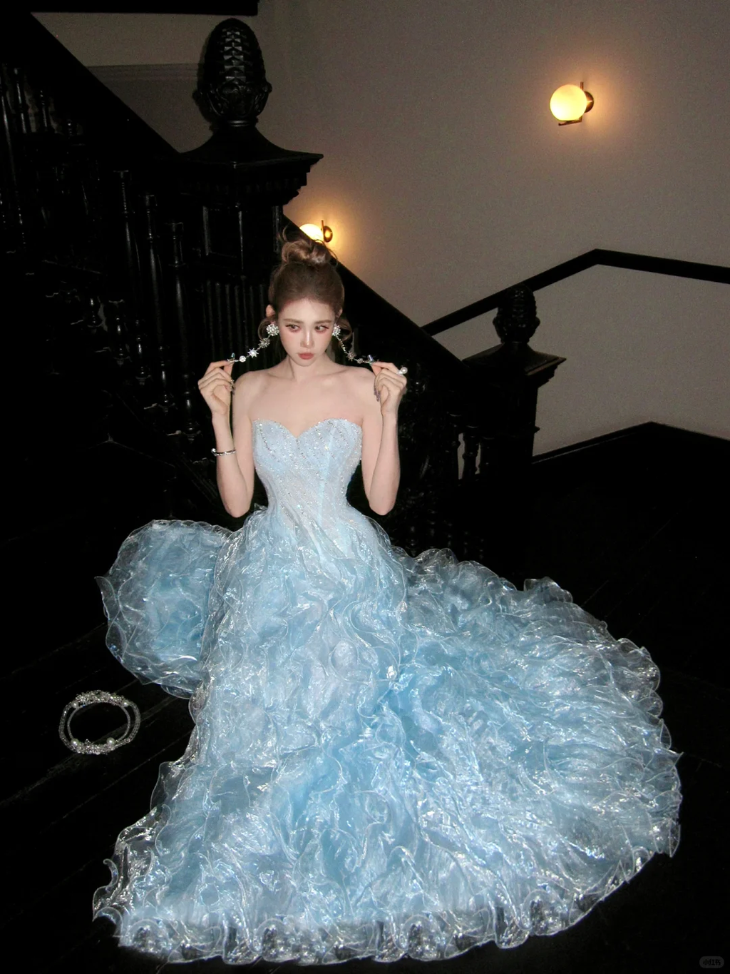Gorgeous Shiny Light Blue Strapless Design A-Line Tulle Wedding Dress TP4235