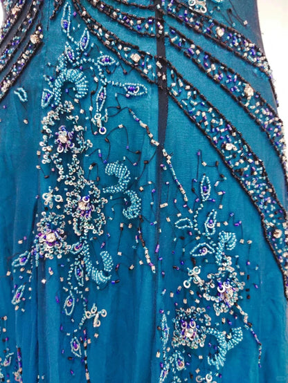 Vintage Blue A-line Thin Strap Beaded Chiffon Long Prom Dress Evening Dress P4216