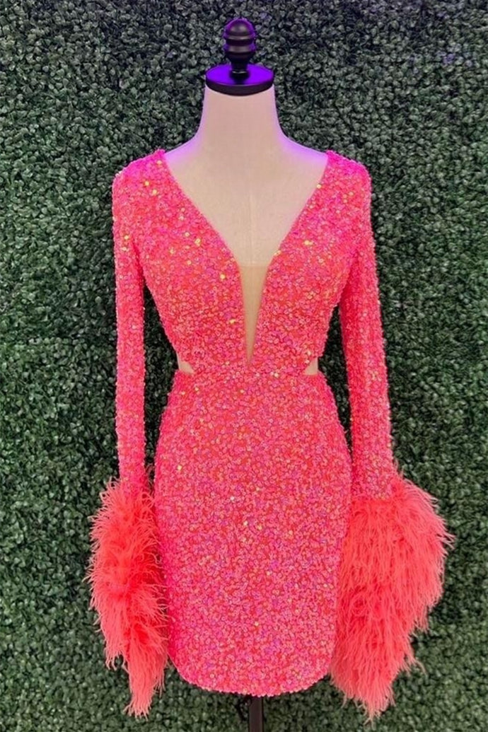 Deep V Long Sleeves Sequins Homecoming Dress with Feathers